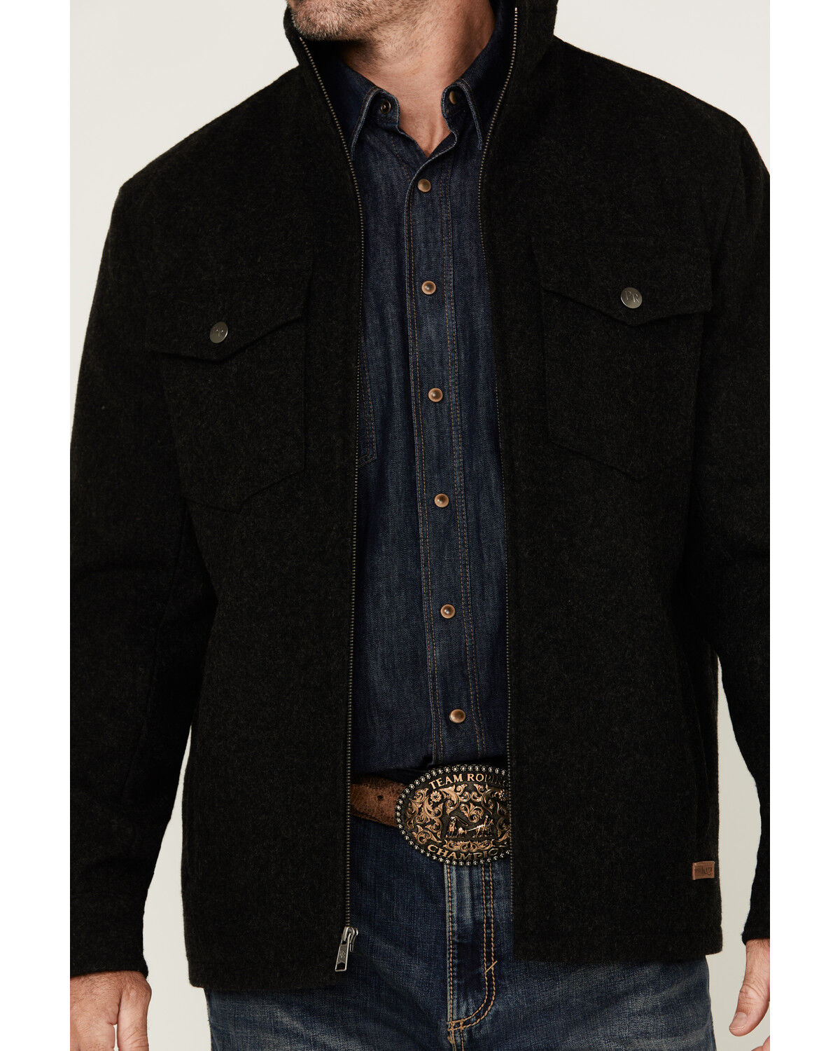 Image #3 - Powder River Outfitters Men's Heather Wool Zip Jacket, Black, hi-res