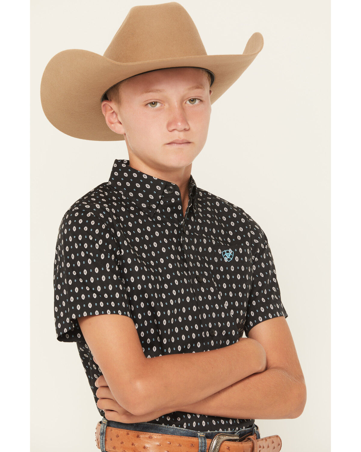 Image #2 - Ariat Boys' Southwestern Geo Print Short Sleeve Button-Down Western Shirt, Black, hi-res