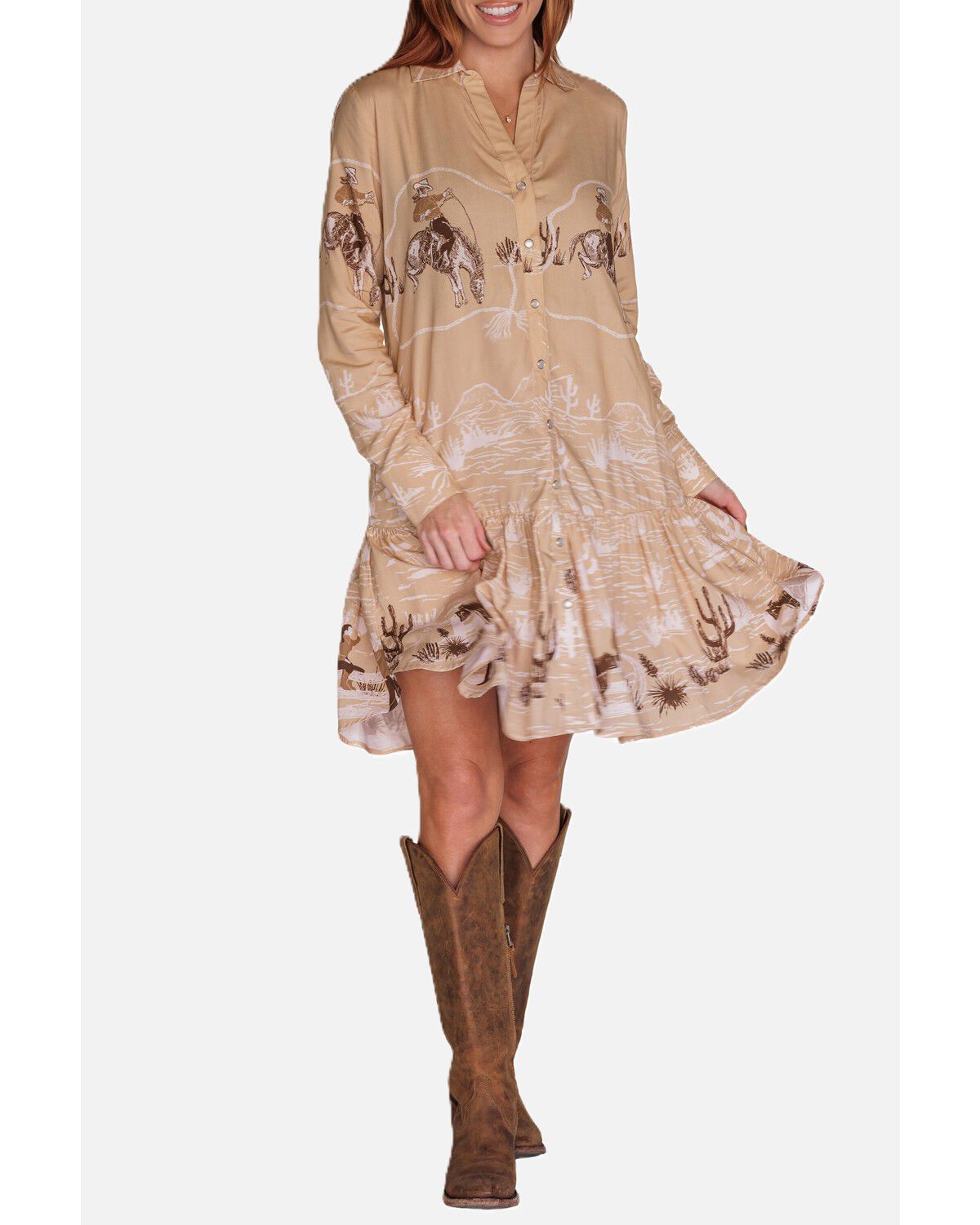 Lovlei Ranch Women's Dakota Cowboy Up Snap Front Mini Dress, Tan, hi-res
