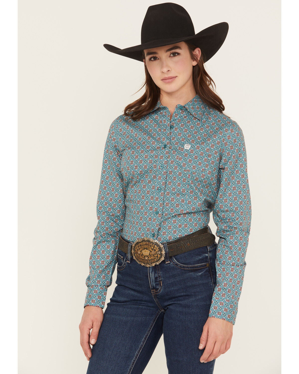 Cinch Women's Geo Print Long Sleeve Button-Down Western Shirt, Blue, hi-res