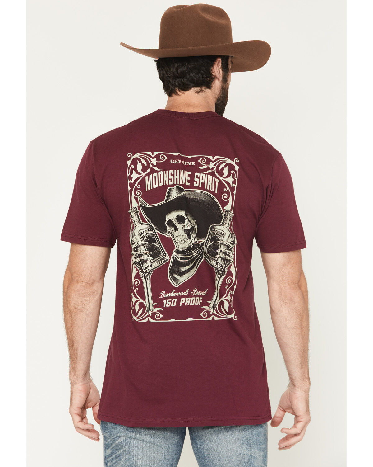 Image #1 - Moonshine Spirit Men's Backwoods Skeleton Short Sleeve Graphic T-Shirt, Burgundy, hi-res