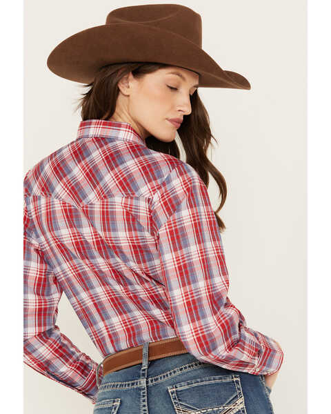 Image #4 - Ely Walker Women's Plaid Print Long Sleeve Pearl Snap Western Shirt, Red, hi-res