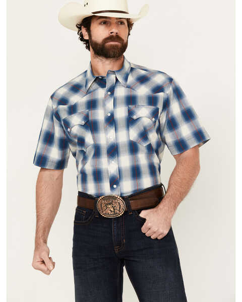 Roper Men's West Made Plaid Print Short Sleeve Snap Western Shirt , Blue, hi-res
