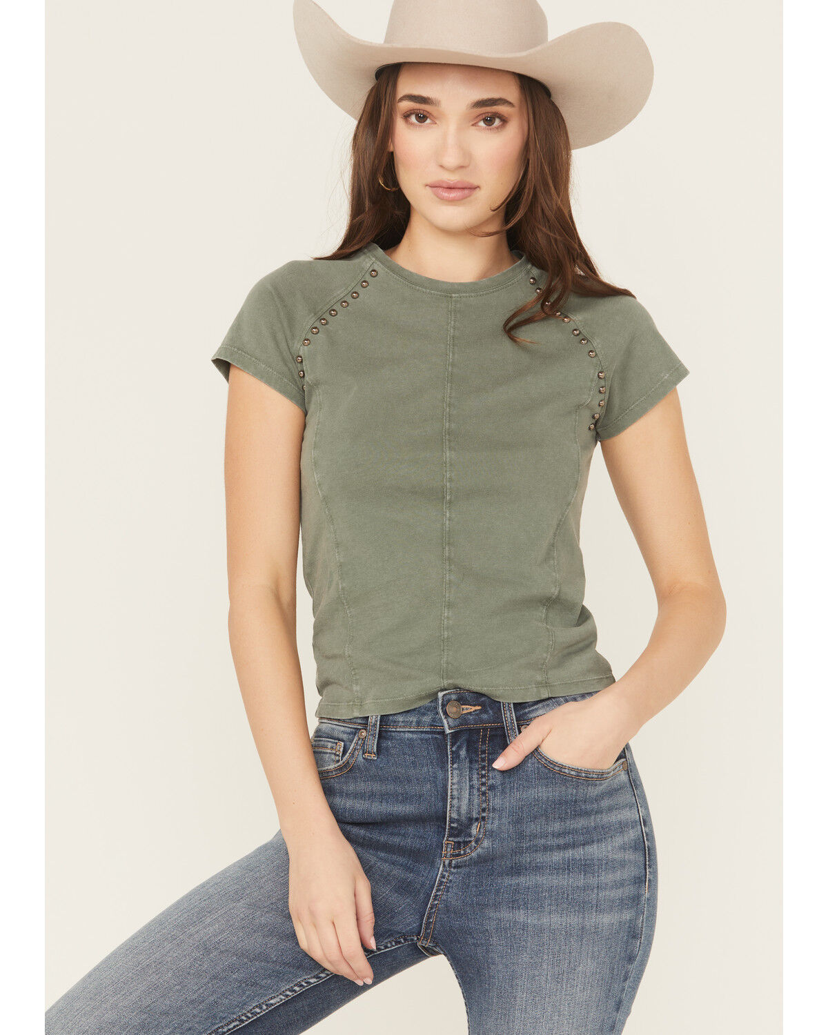 Image #1 - Rock & Roll Denim Women's Studded Baby Tee, Green, hi-res