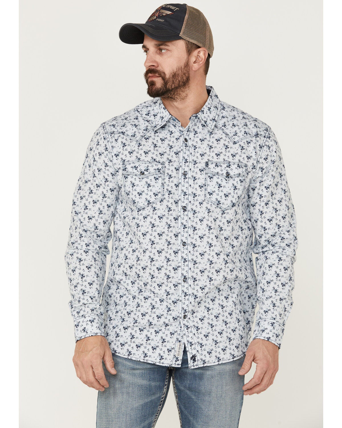Moonshine Spirit&reg; Men's Bloom Floral Print Long Sleeve Snap Western Shirt, Light Blue, hi-res
