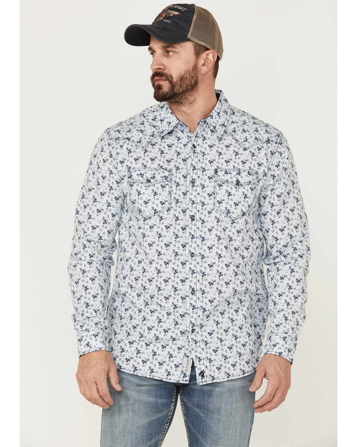 Image #1 - Moonshine Spirit Men's Bloom Floral Print Long Sleeve Snap Western Shirt, Light Blue, hi-res