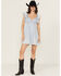 Image #1 - Blue B Women's Light Wash Embellished Short Sleeve Mini Denim Dress, , hi-res