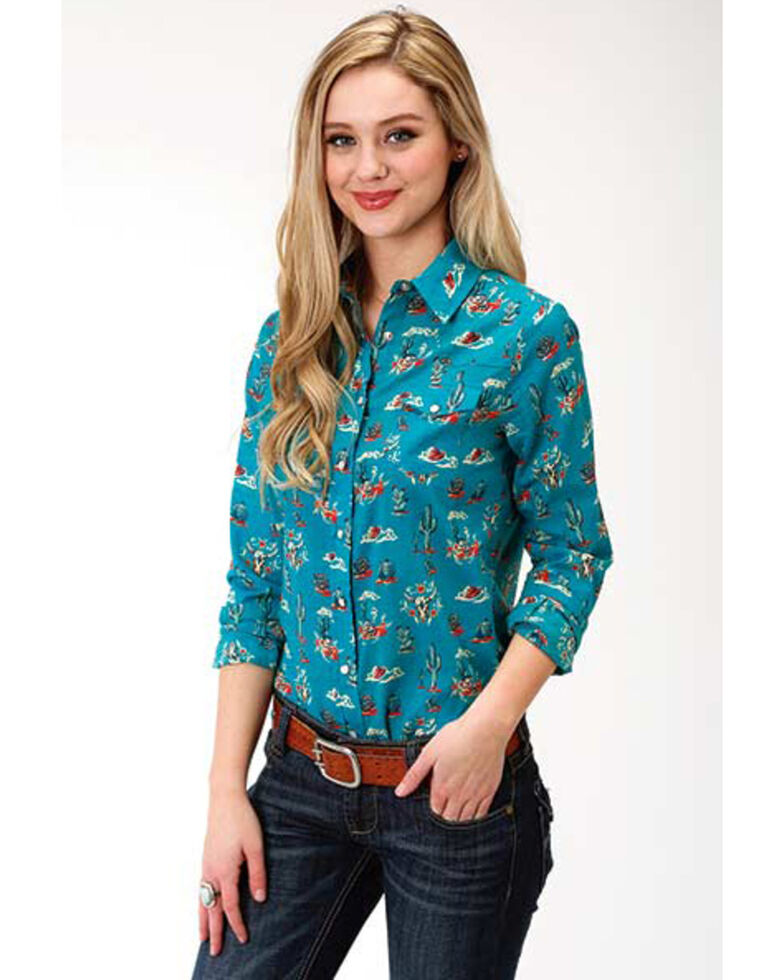 Five Star Women's Teal Cactus Print Long Sleeve Western ...