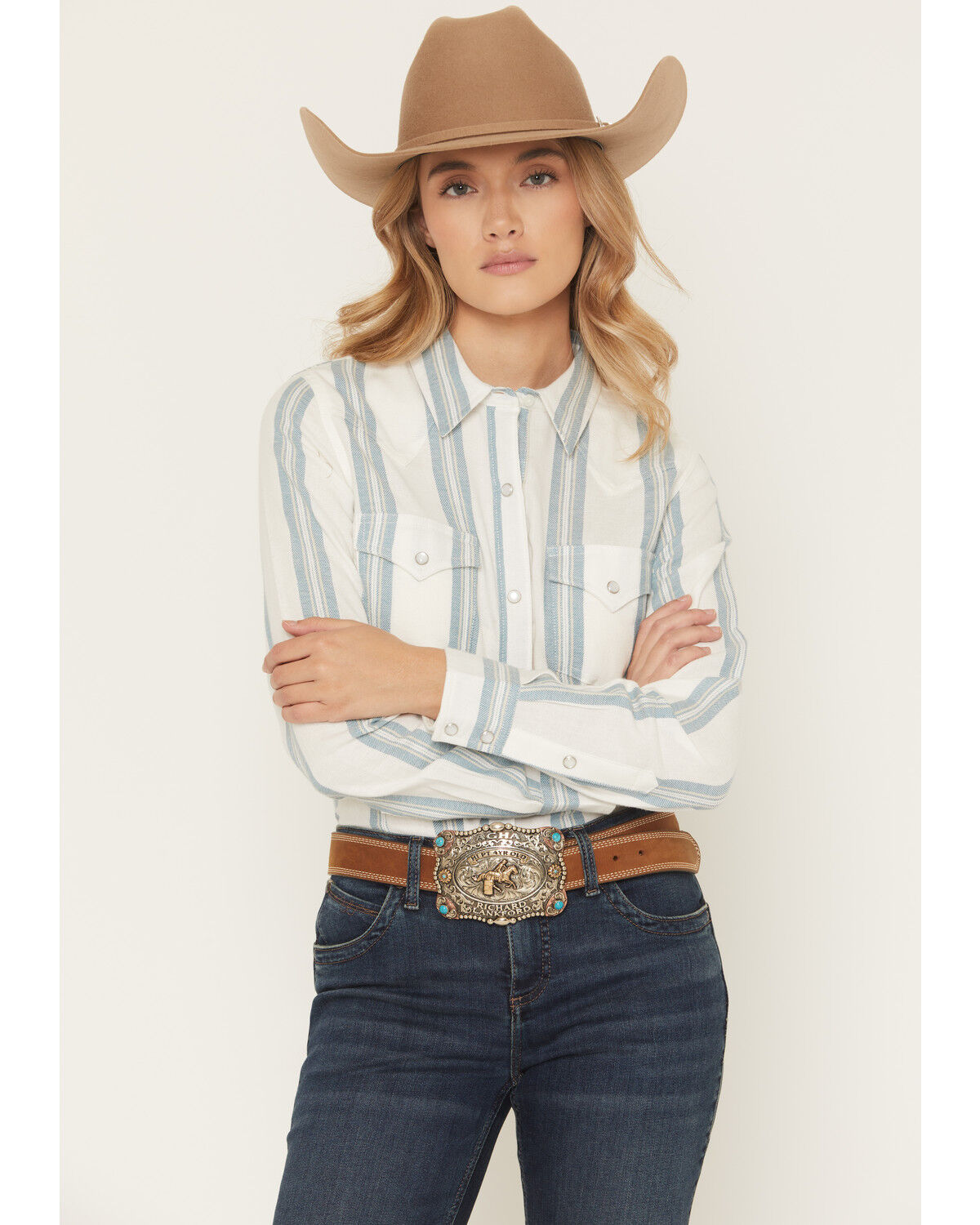 Image #1 - Wrangler Retro Women's Boot Barn Exclusive Striped Long Sleeve Pearl Snap Flannel Shirt, Light Blue, hi-res