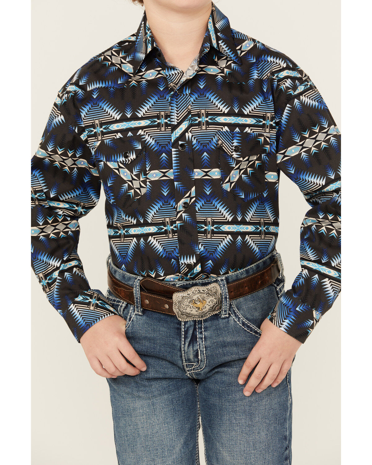 Image #3 - Rock & Roll Denim Boys' Southwestern Print Long Sleeve Stretch Snap Western Shirt, Navy, hi-res