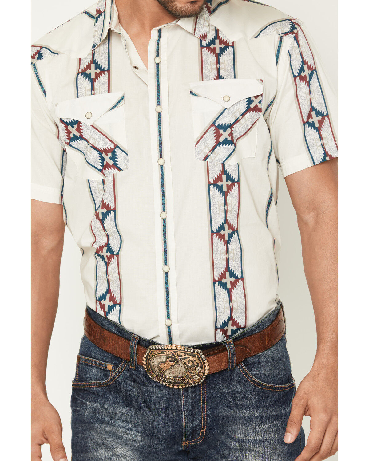 Image #3 - Panhandle Men's Southwestern Stripe Print Short Sleeve Snap Western Shirt, Cream, hi-res