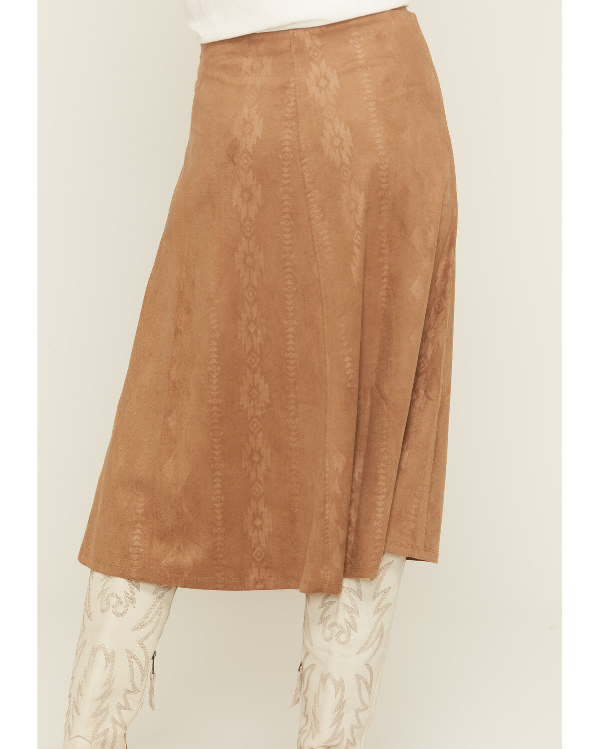 Image #4 - Shyanne Women's Embossed Southwestern Print Faux Suede Midi Skirt, Coffee, hi-res