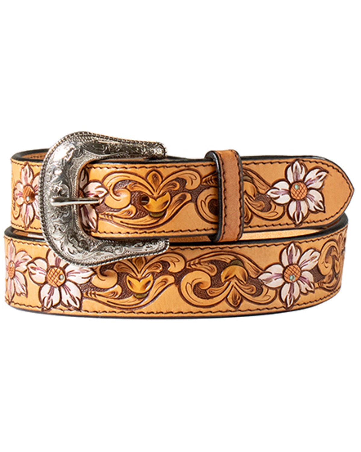 Nocona Women's Floral Tooled Belt, Tan, hi-res