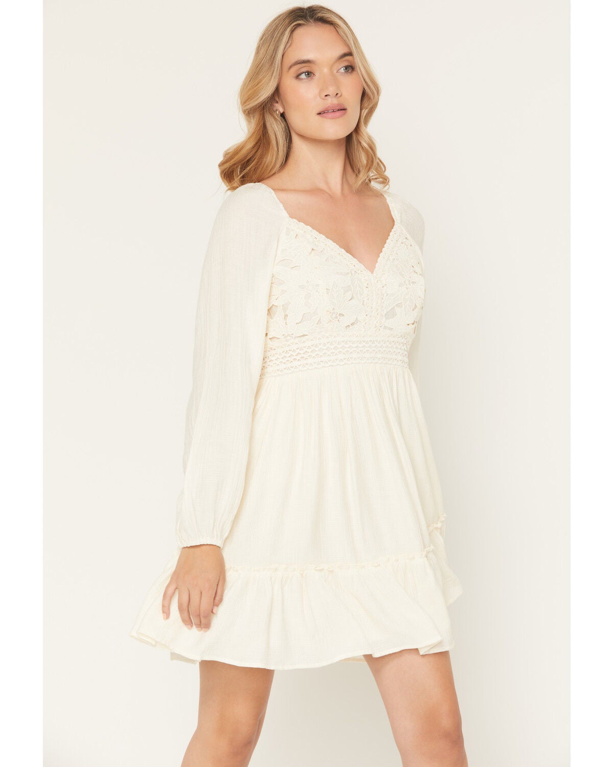 Shyanne Women's Crochet Lace Long Sleeve Mini Dress, Cream, hi-res