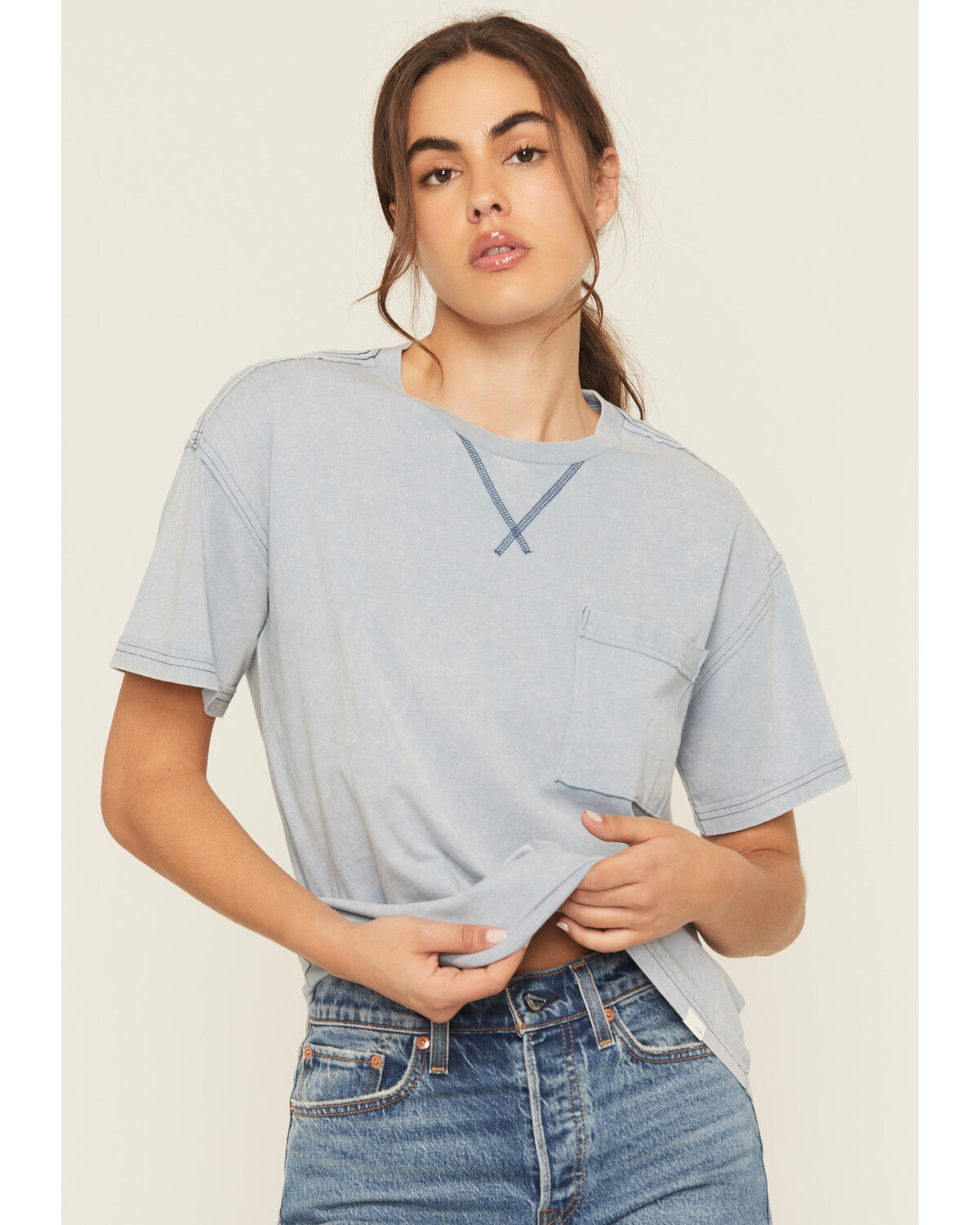 Cleo + Wolf Women's Boyfriend Short Sleeve Pocket Tee, Light Blue, hi-res