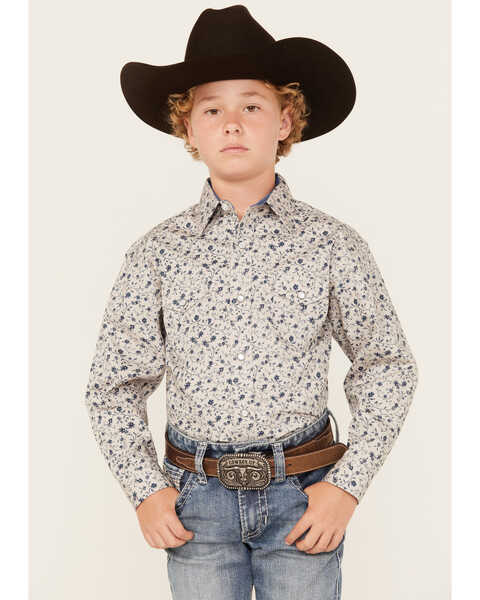 Panhandle Boys' Floral Print Long Sleeve Pearl Snap Western Shirt, Beige/khaki, hi-res