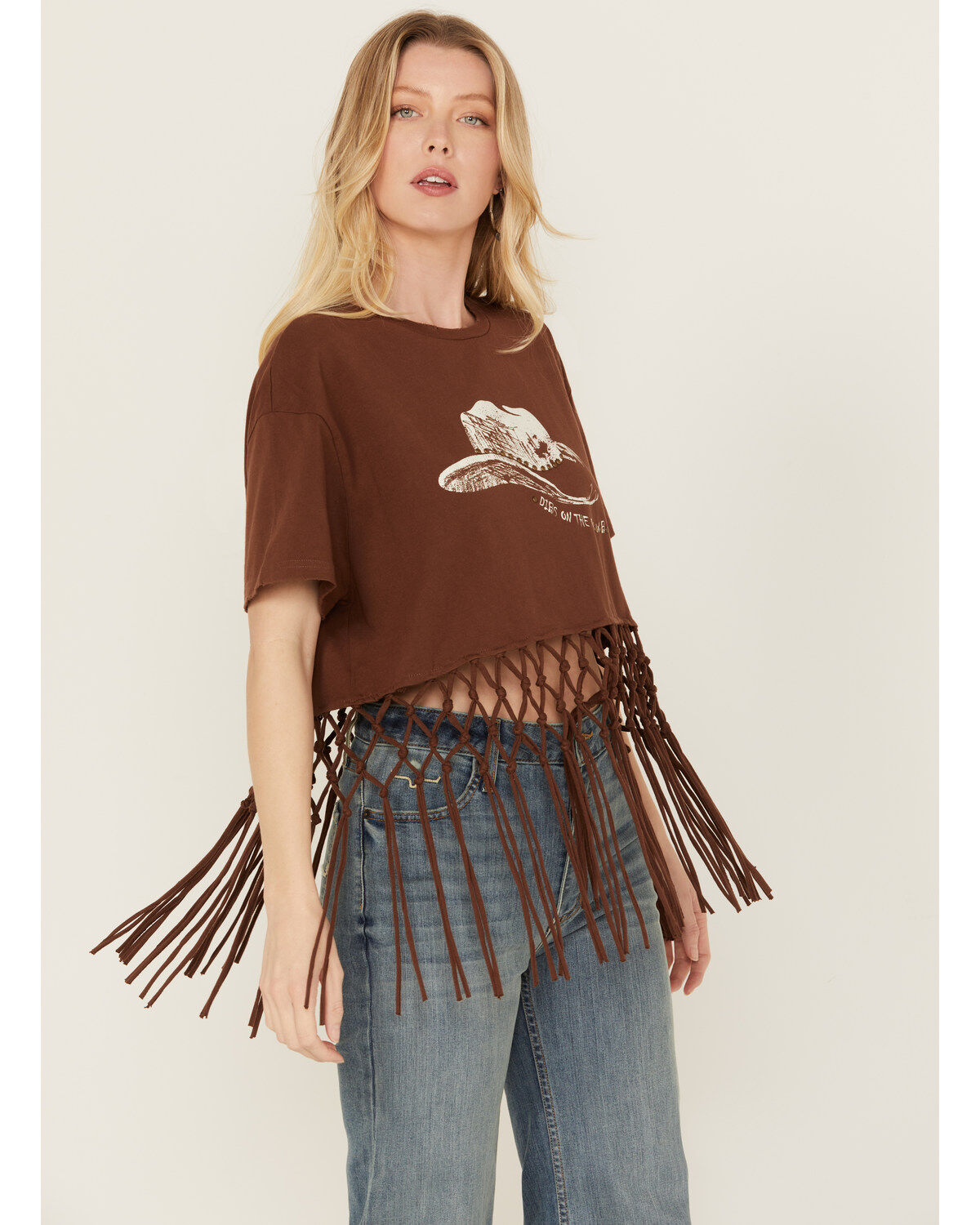 Image #2 - Miss Me Women's Hat Short Sleeve Fringe Graphic Tee, Chocolate, hi-res