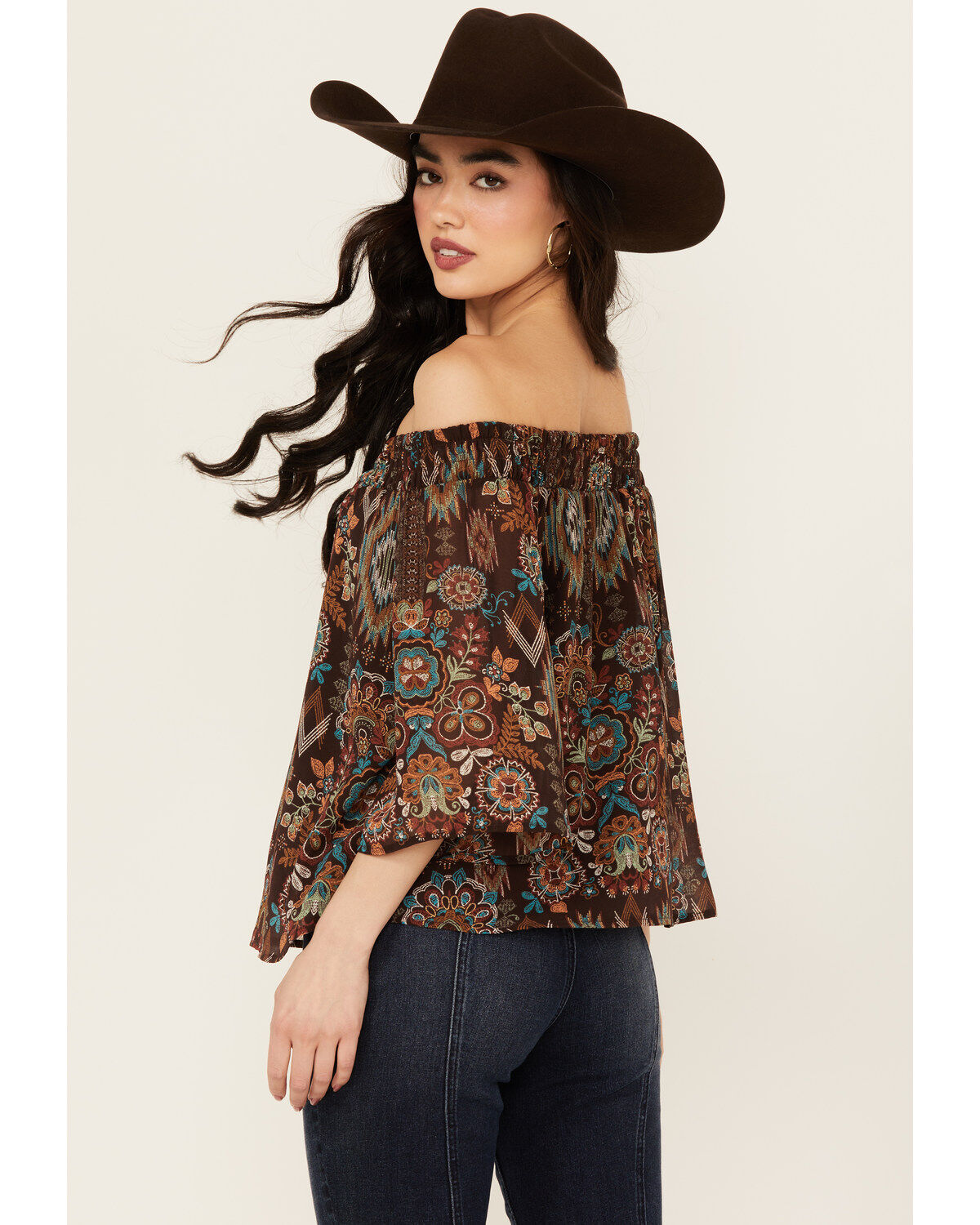 Image #4 - Shyanne Women's Printed Off The Shoulder Peasant Top, Dark Brown, hi-res