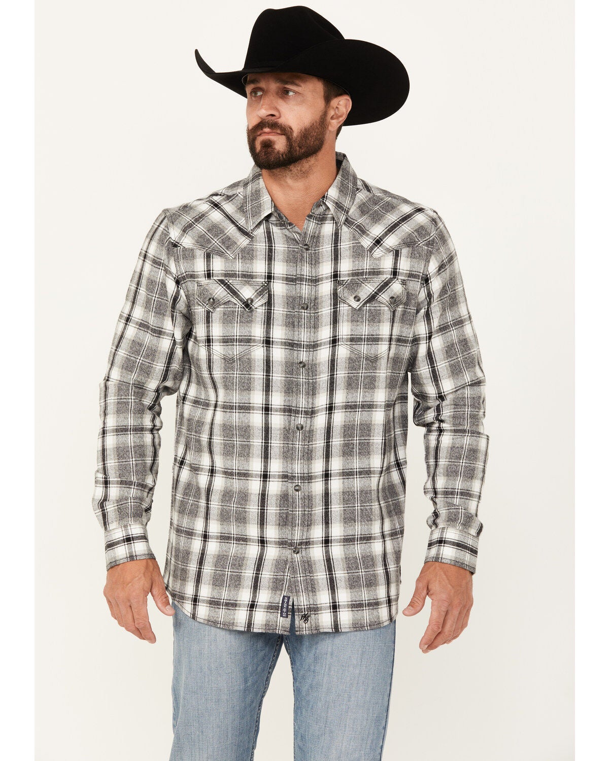Moonshine Spirt&reg; Men's Gray Cloud Plaid Print Long Sleeve Snap Western Shirt, Grey, hi-res