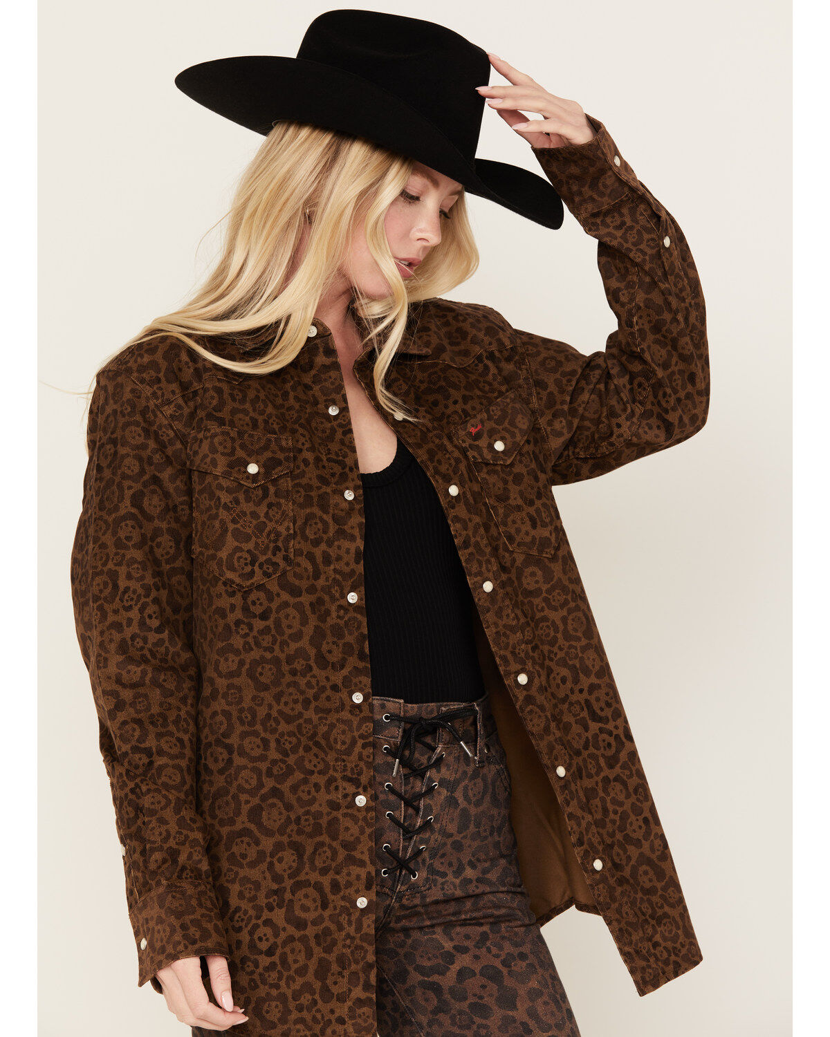 Image #3 - Wrangler X Fender Women's Leopard Print Long Sleeve Snap Shirt, Brown, hi-res