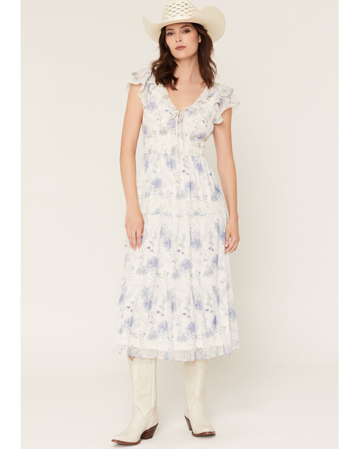 Ash & Violet Women's Floral Print Short Sleeve Midi Dress, White, hi-res