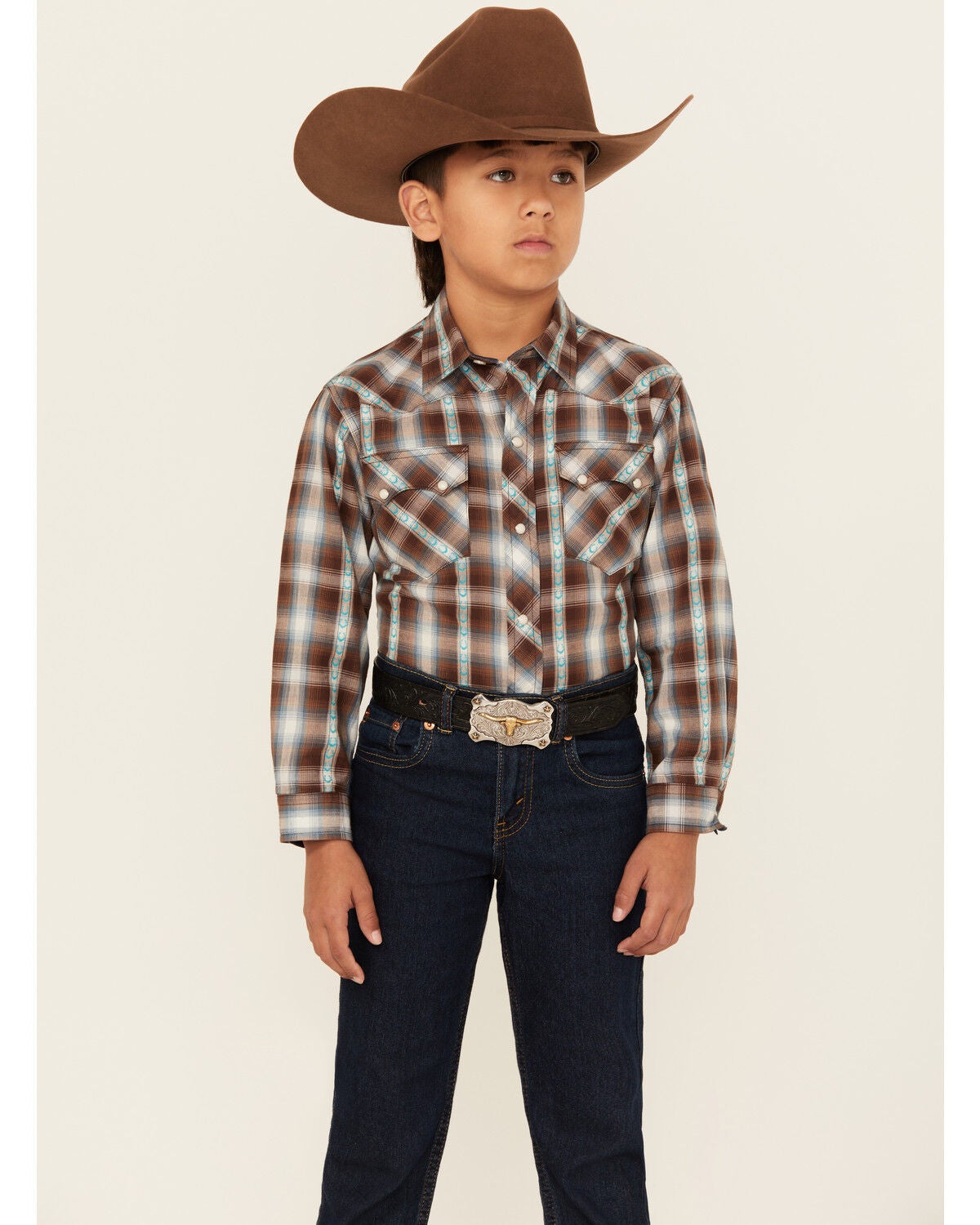Roper Boys' Plaid Print Horseshoe Long Sleeve Snap Western Shirt, Brown, hi-res