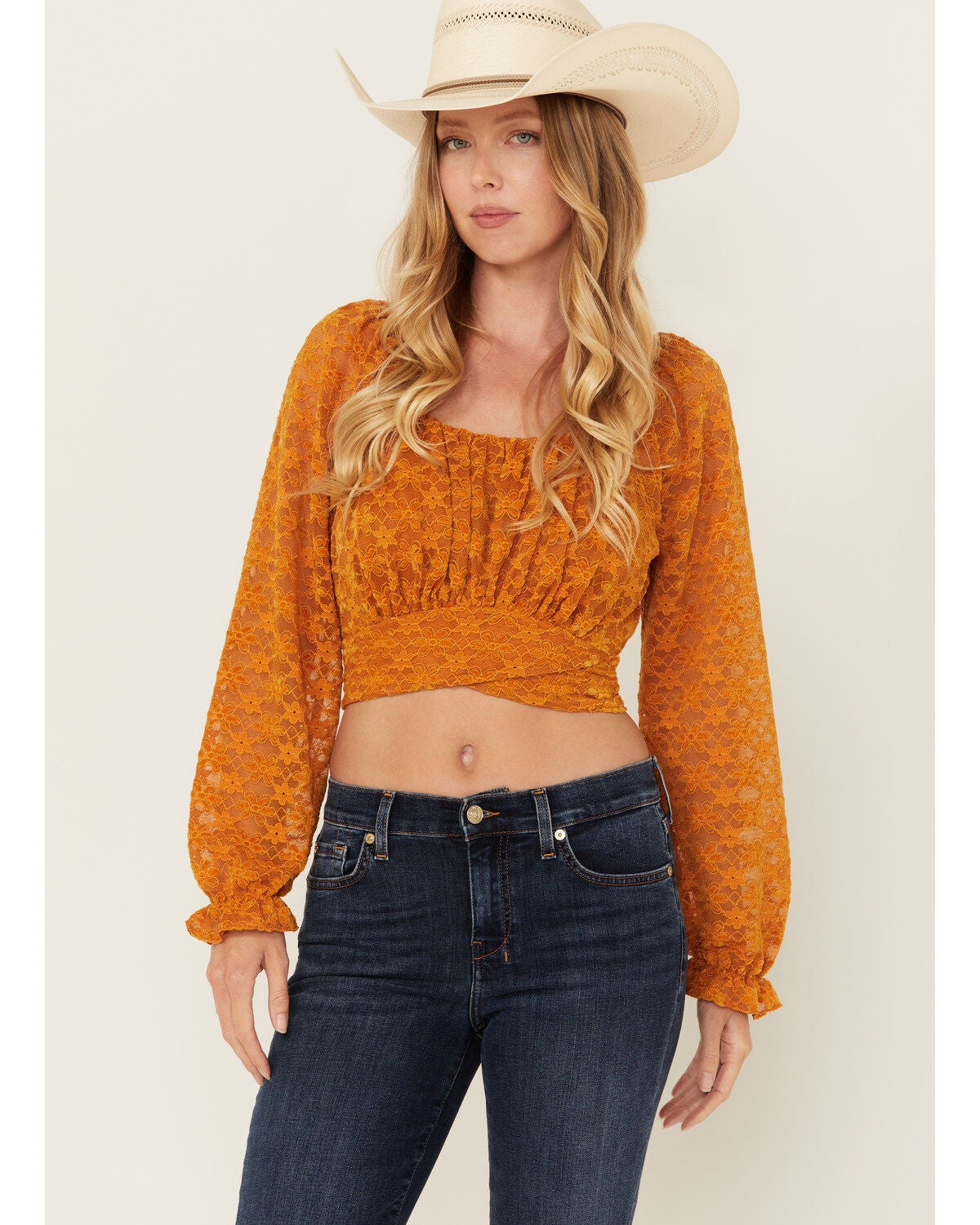 Beyond The Radar Women's Floral Lace Long Sleeve Tie Back Cropped Shirt, Gold, hi-res