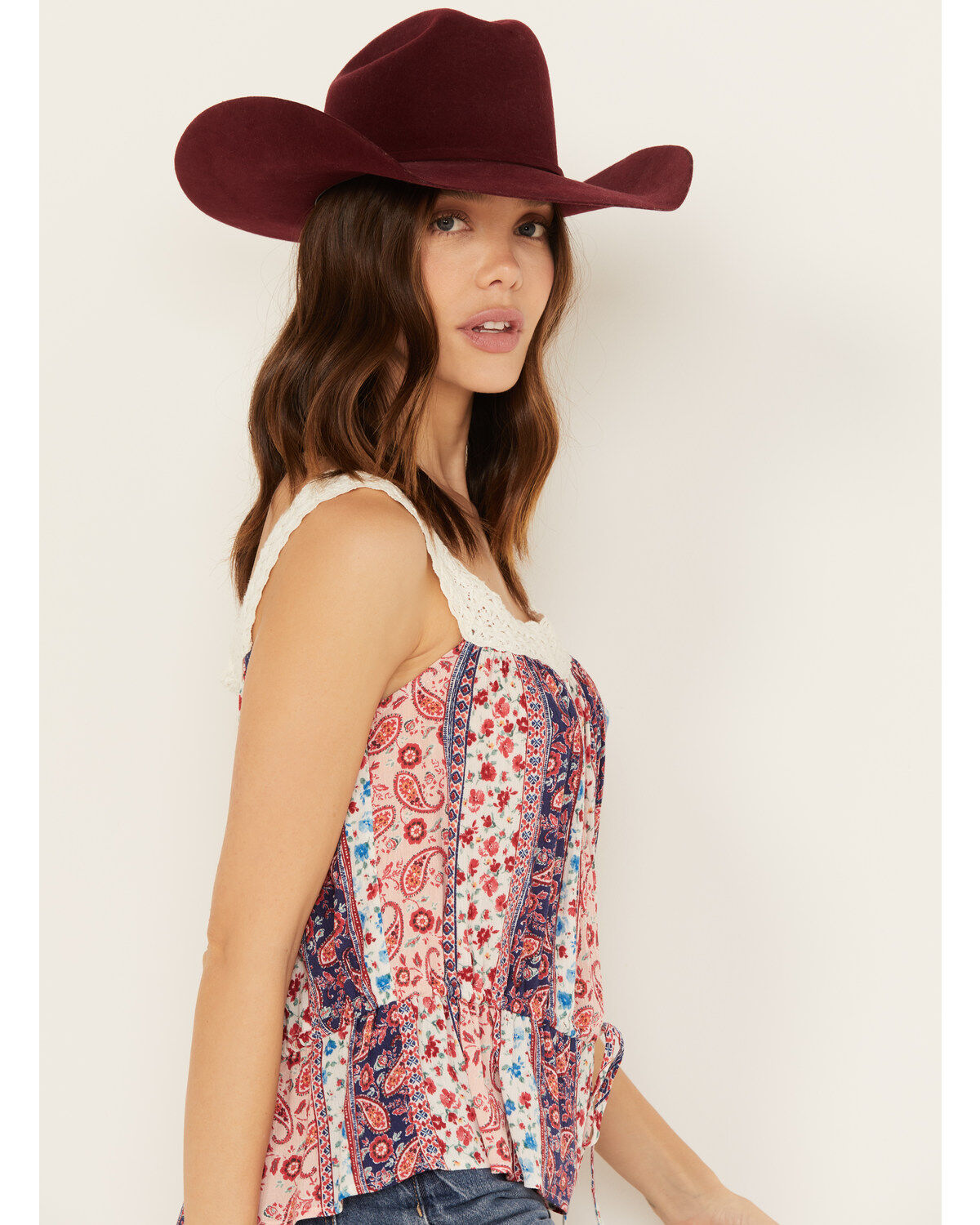 Image #2 - Wild Moss Women's Print Peplum Crochet Trim Top, Multi, hi-res