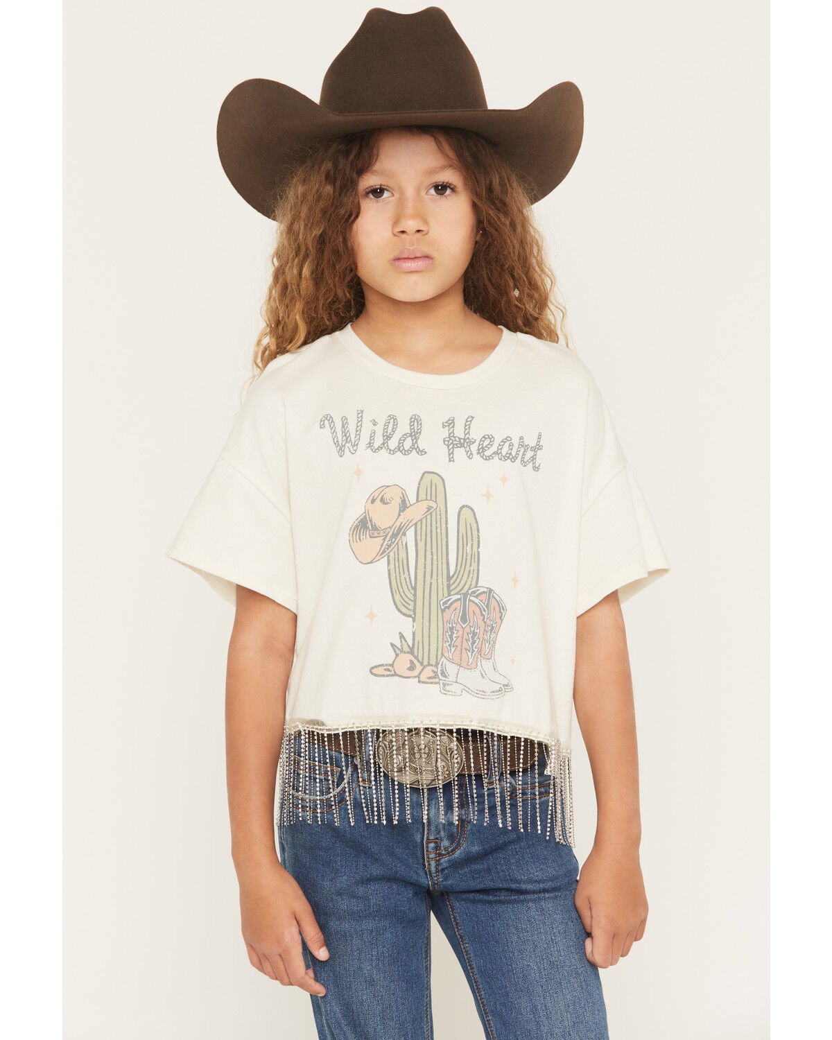 Image #1 - Originality Girls' Wild Heart Chain Fringe Short Sleeve Graphic Tee, Off White, hi-res