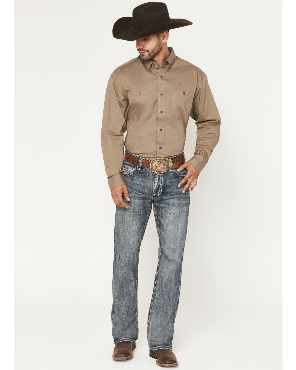 Rock & Roll Denim Men's Double Barrel Medium Wash Relaxed Bootcut Rigid Denim, Dark Medium Wash, hi-res