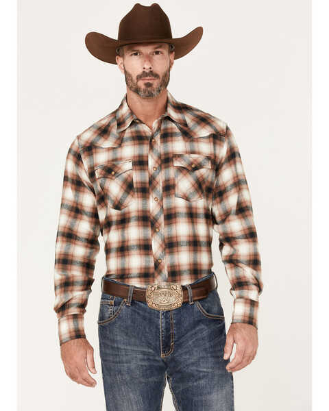 Wrangler Retro Men's Plaid Print Long Sleeve Snap Western Flannel Shirt , Brown, hi-res