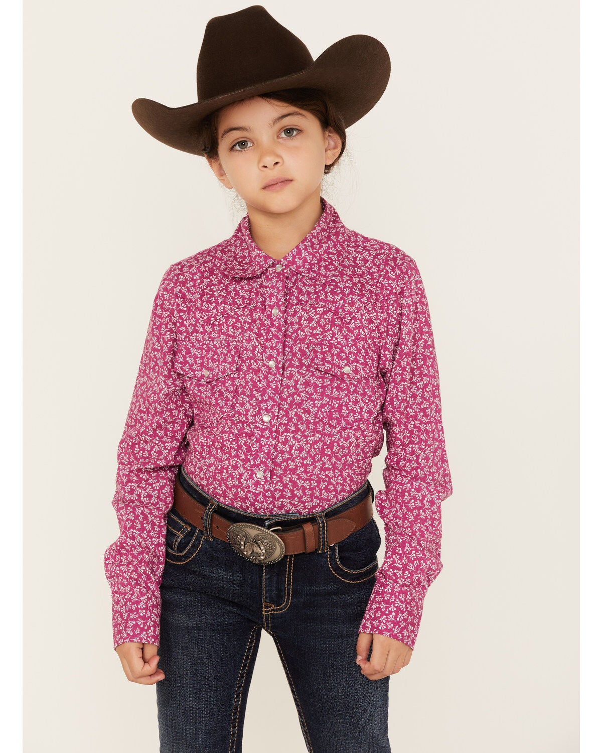 Shyanne Girls' Ditsy Floral Print Long Sleeve Western Pearl Snap Shirt, Fuchsia, hi-res