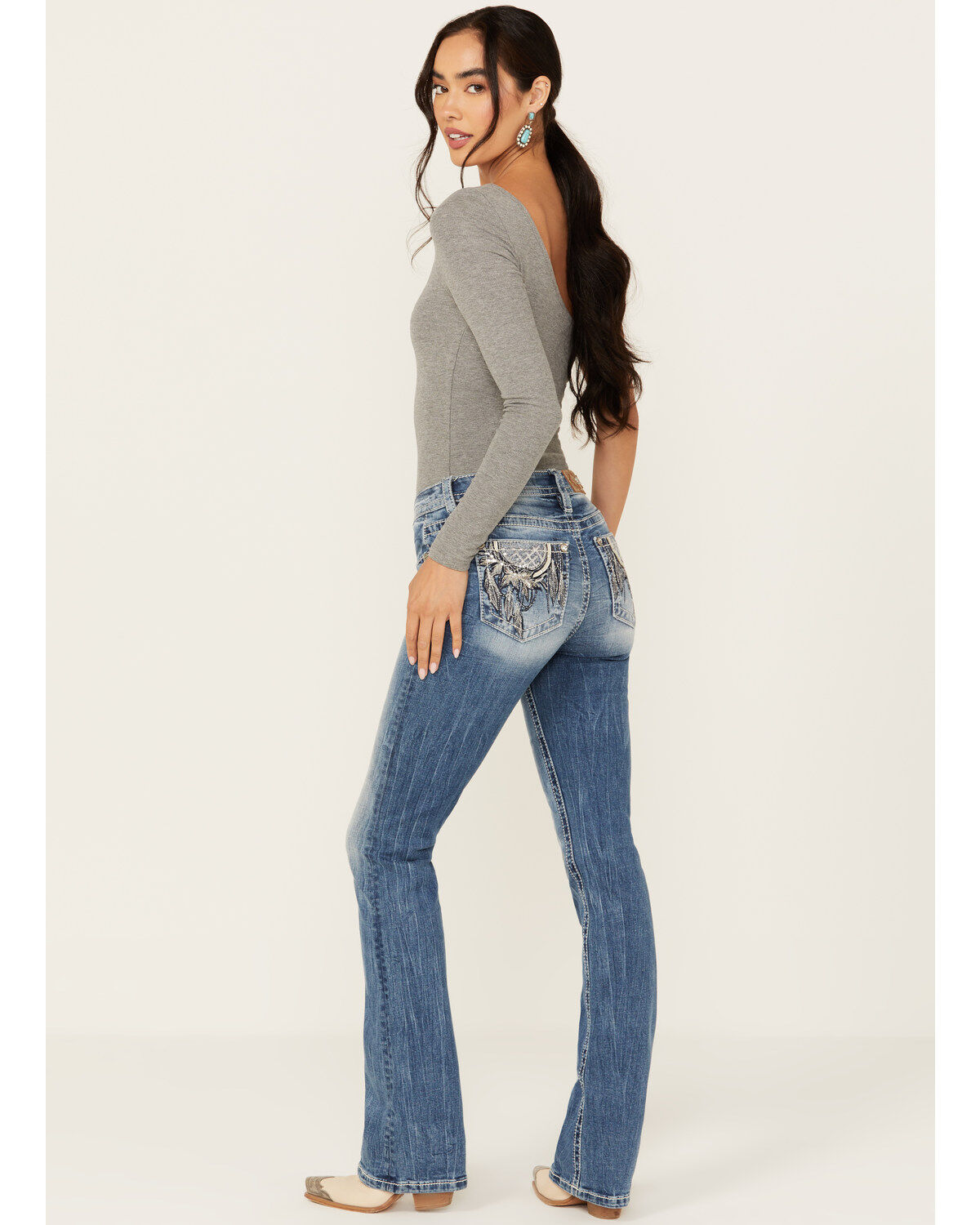 Image #1 - Miss Me Women's Light Wash Mid Rise Dreamcatcher Pocket Bootcut Stretch Denim Jeans, Light Wash, hi-res