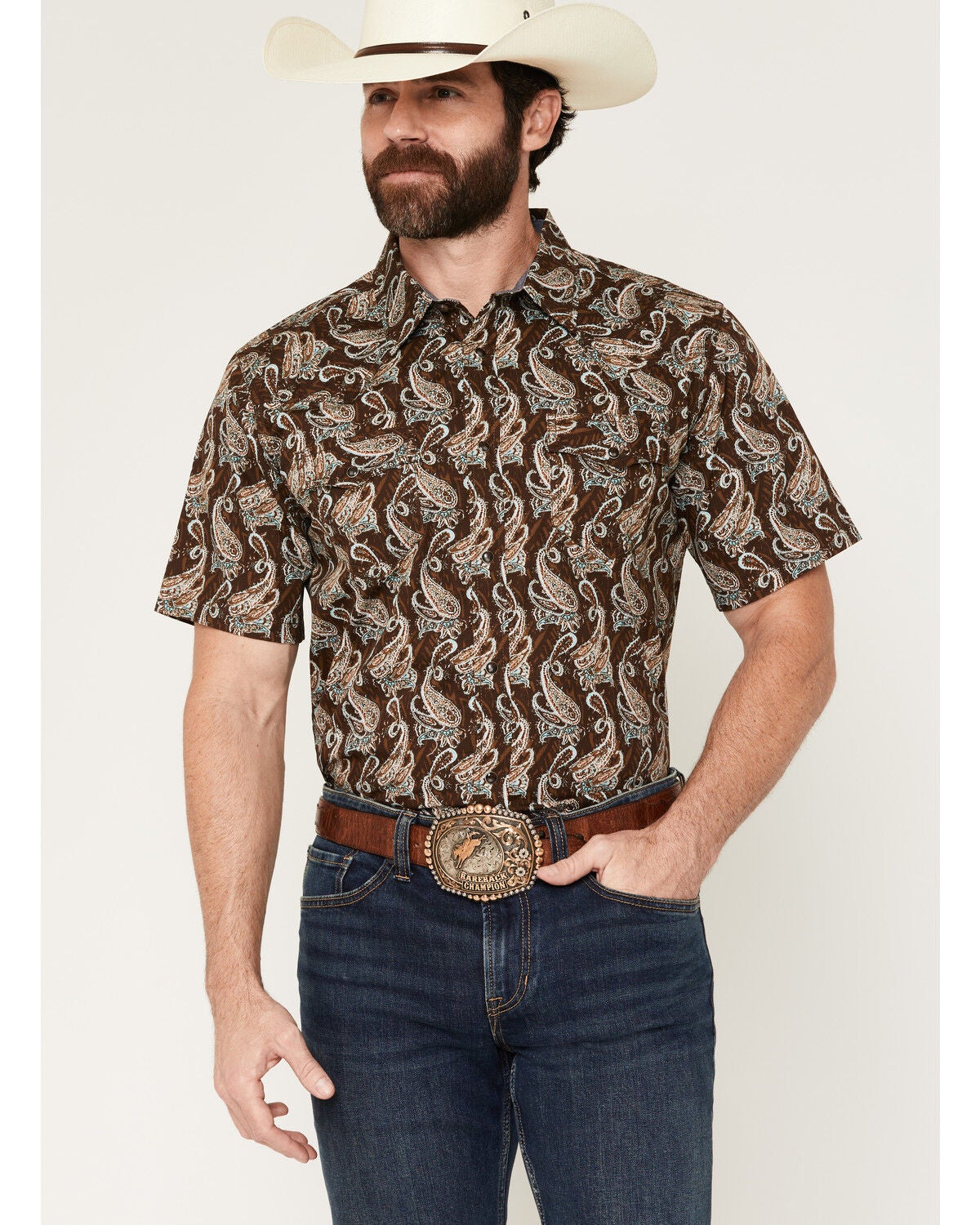 Cody James Men's Easy Livin' Paisley Print Short Sleeve Snap Western Shirt, Brown, hi-res
