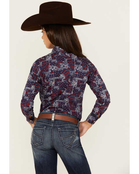 Image #4 - Rough Stock by Panhandle Girls' Bandana Print Long Sleeve Pearl Snap Western Shirt, Navy, hi-res