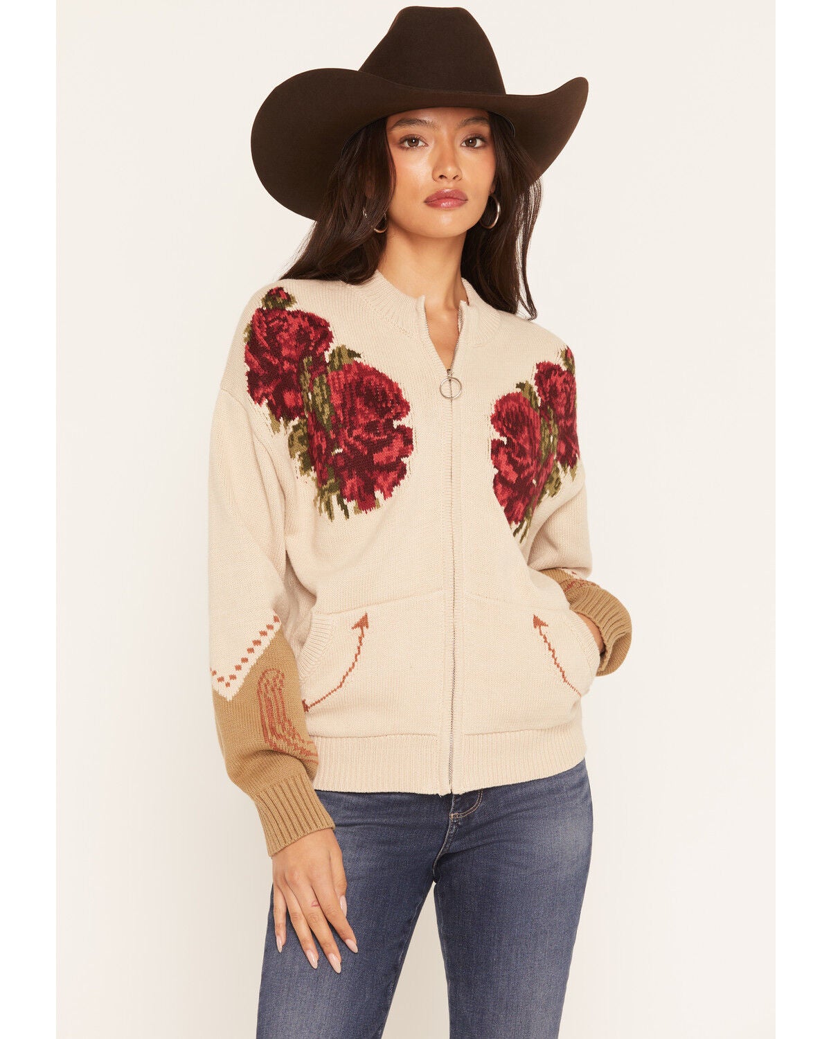 Rodeo Quincy X Boot Barn Women's Roses Bronc Sweater, Cream, hi-res