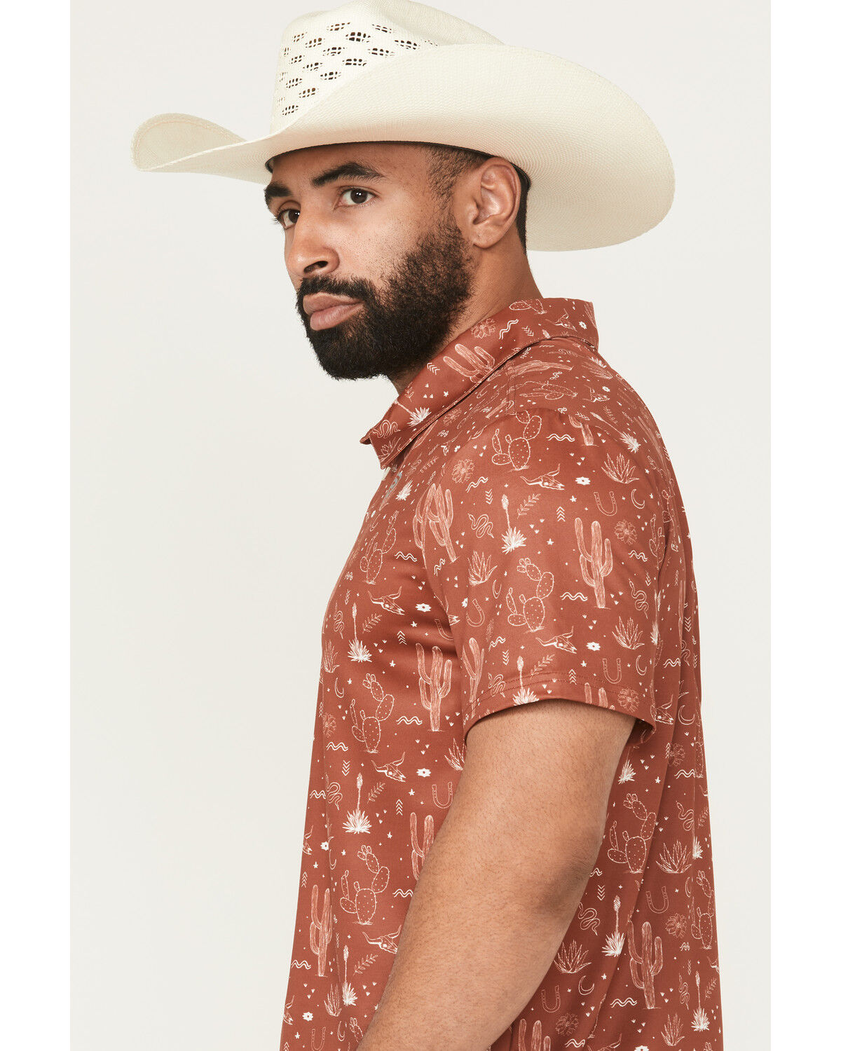Image #2 - Rock & Roll Denim Men's Cactus Print Short Sleeve Button-Down Polo, Rust Copper, hi-res