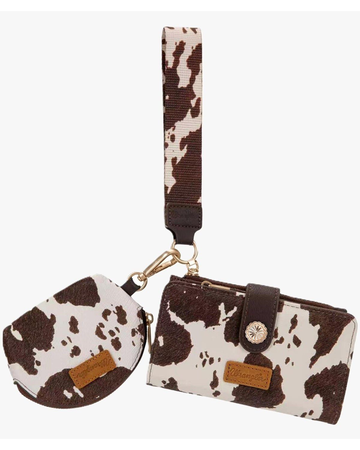 Wrangler X Boot Barn Women's Cow Print Wristlet Set - 3 Piece, Coffee, hi-res