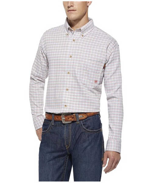 Ariat Men's FR Gauge White Plaid Long Sleeve Button-Down Work Shirt, White, hi-res