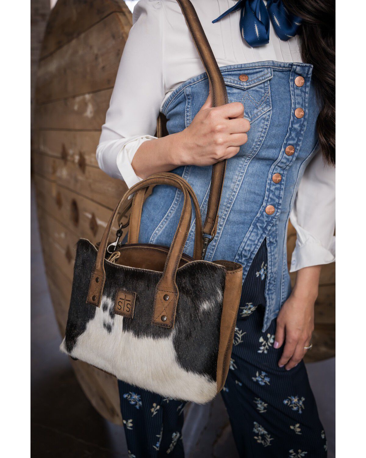 Image #8 - STS Ranchwear by Carroll Women's Cowhide Josie Satchel, Black/white, hi-res