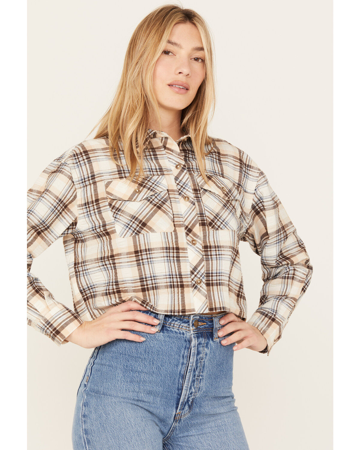Image #2 - Cleo + Wolf Women's Plaid Print Cropped Shirt, Cream, hi-res