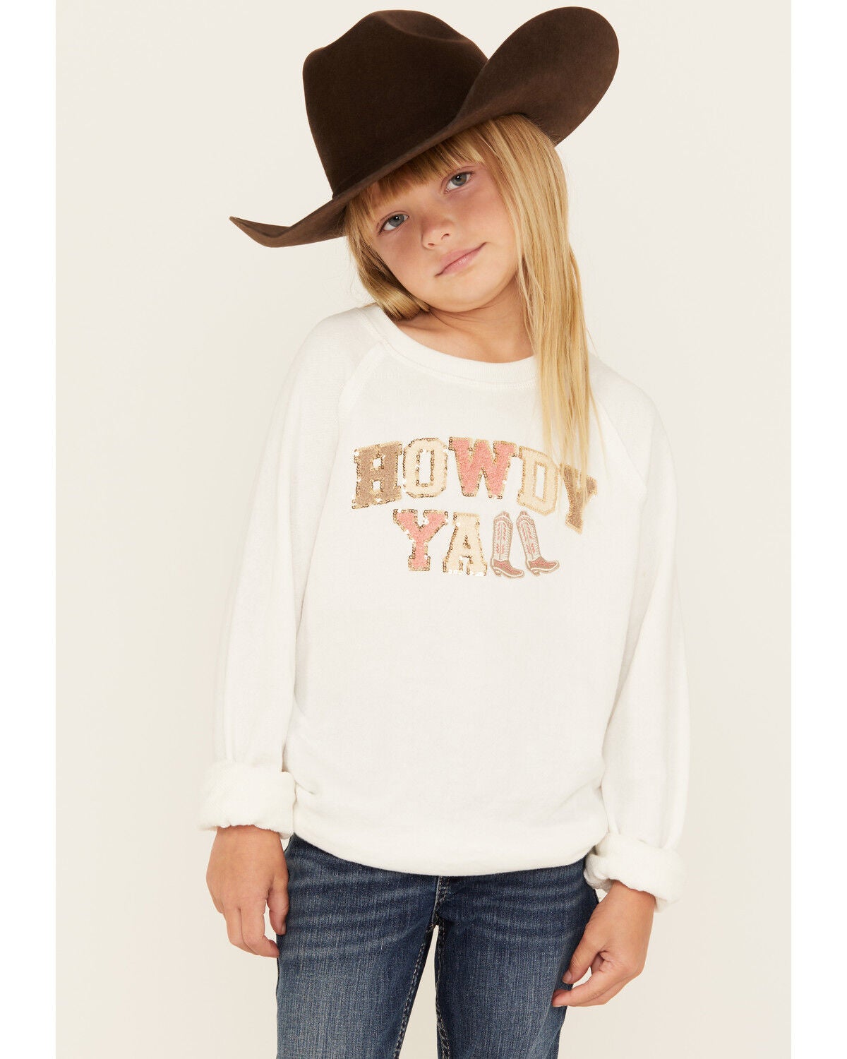 Buttercup Girls' Howdy Y'all Embellished Long Sleeve Shirt, White, hi-res