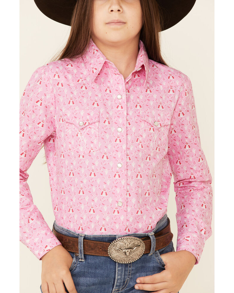 Panhandle Girls' Pink Teepee Print Long Sleeve Western Shirt , Pink, hi-res