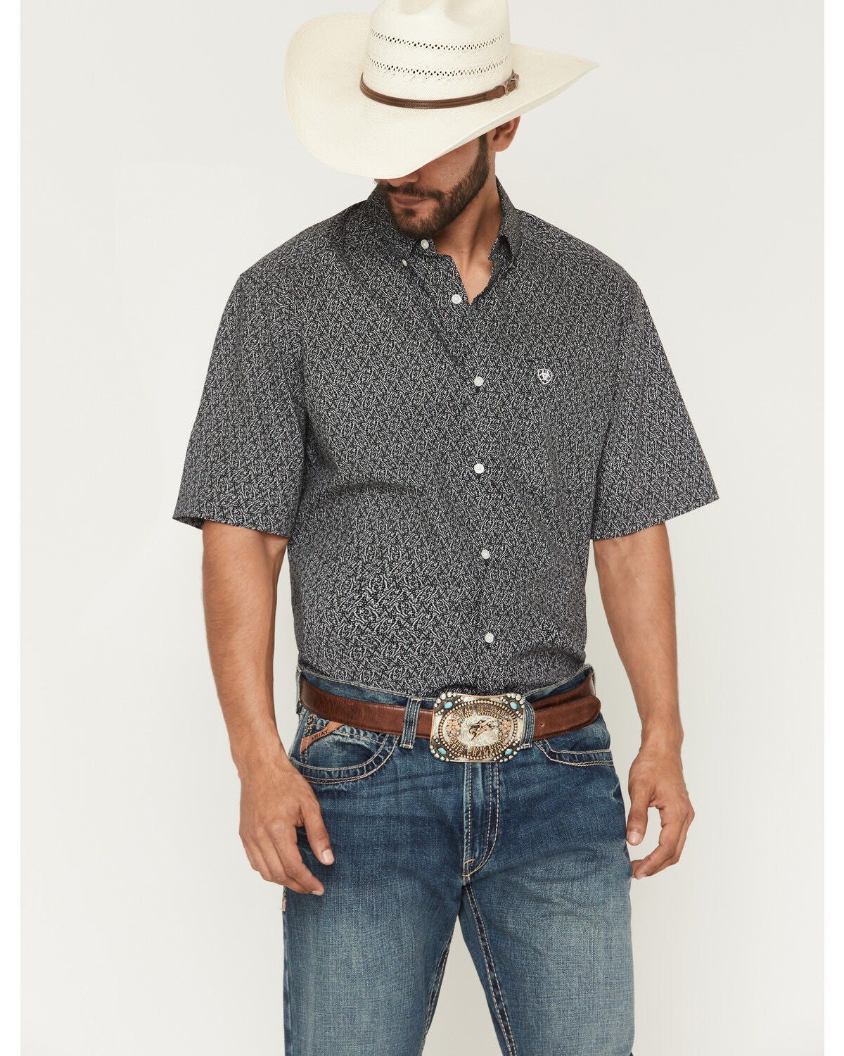 Ariat Men's Tru Printed Short Sleeve Button-Down Western Shirt, Black, hi-res