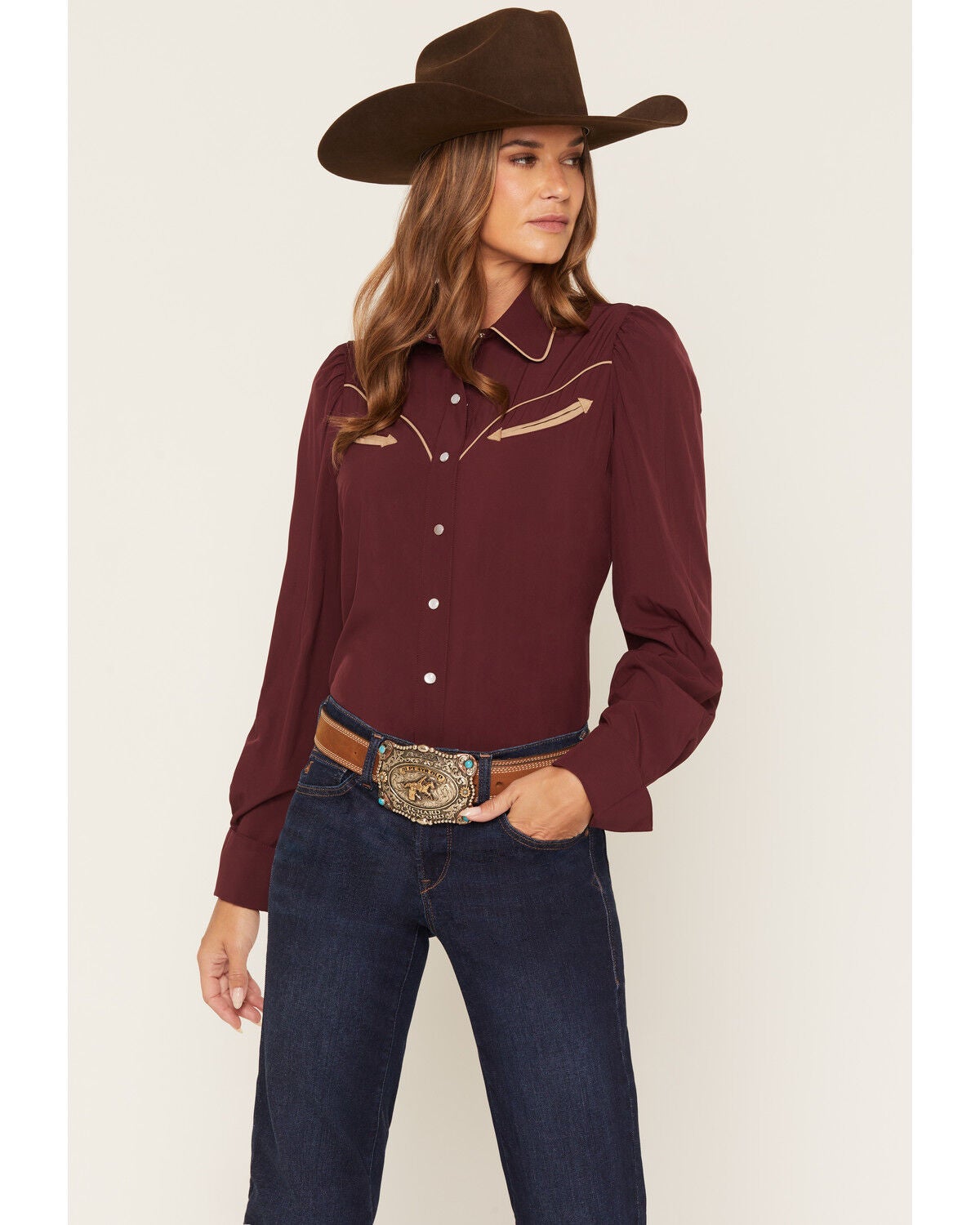 Image #1 - Howdy Hanny Women's Burgandy Solid Long Sleeve Pearl Snap Performance Stretch Western Shirt, , hi-res