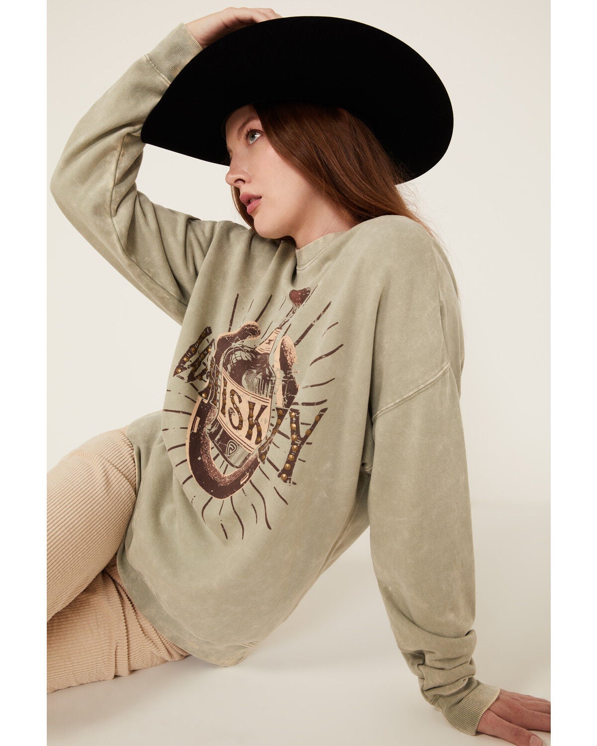 Rock & Roll Denim Women's Whiskey Graphic Sweatshirt, Olive, hi-res