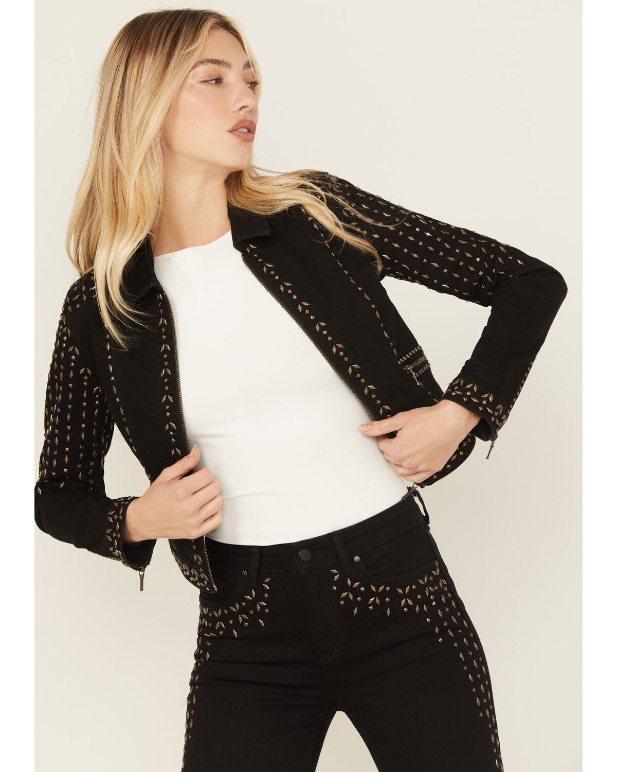 Image #1 - Wonderwest Women's Rigid Like Black Studded Jacket, Black, hi-res