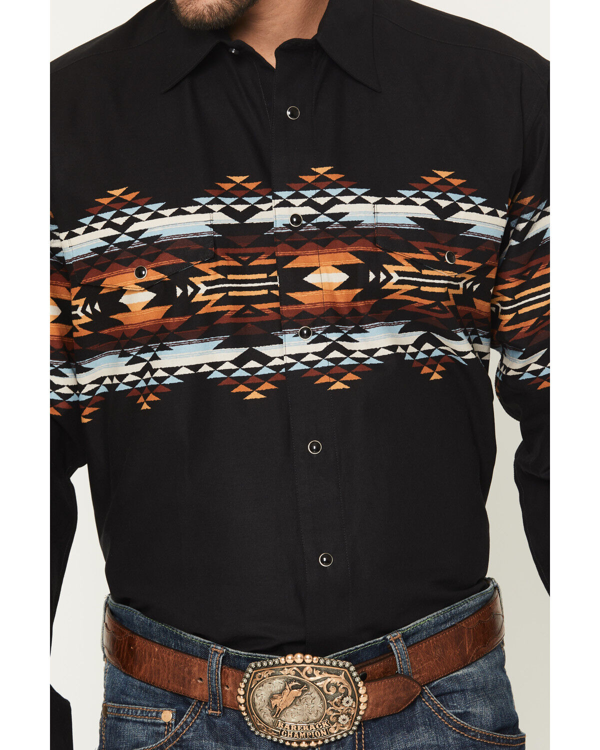 Image #3 - Panhandle Slim Men's Southwestern Border Long Sleeve Snap Western Shirt, Black, hi-res