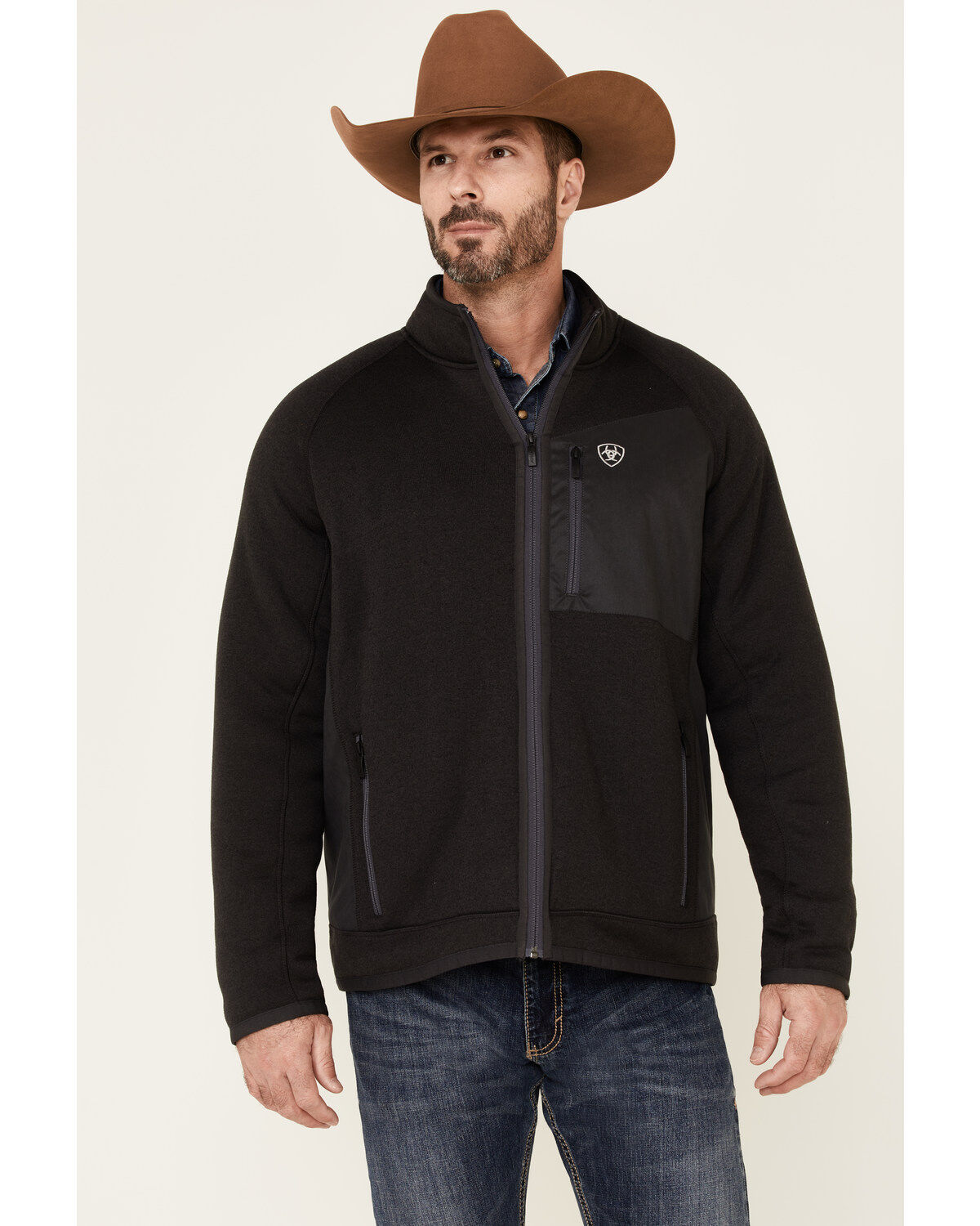 Image #1 - Ariat Men's Bluff Jersey Softshell Zip-Front Jacket, Black, hi-res