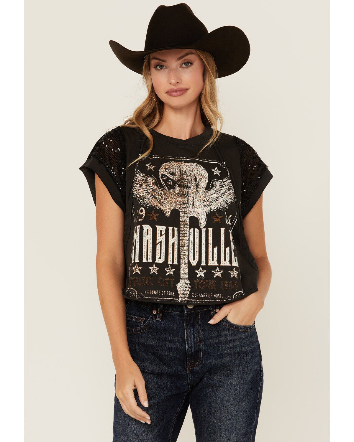 Originality Women's Nashville Lace Short Sleeve Graphic Tee, Black, hi-res